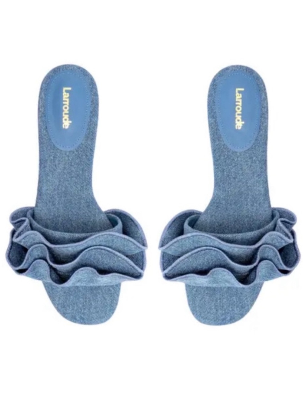 Larroudé Ivy Ruffle Flat Mule Sandal Blue Denim Size 9